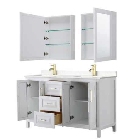Daria 60 Inch Double Bathroom Vanity in White Carrara Cultured Marble Countertop Undermount Square Sinks Medicine Cabinets Brushed Gold Trim