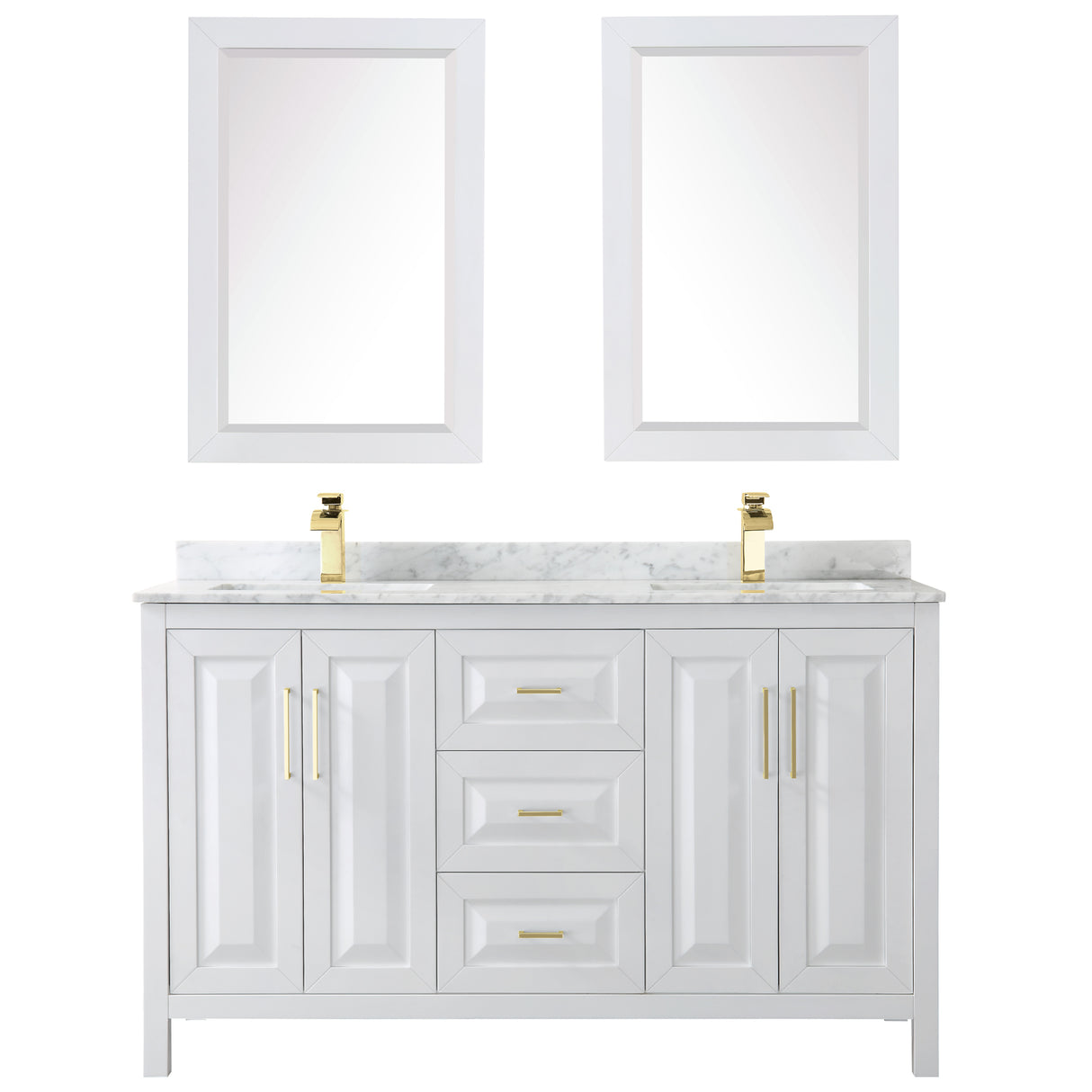 Daria 60 Inch Double Bathroom Vanity in White White Carrara Marble Countertop Undermount Square Sinks 24 Inch Mirrors Brushed Gold Trim