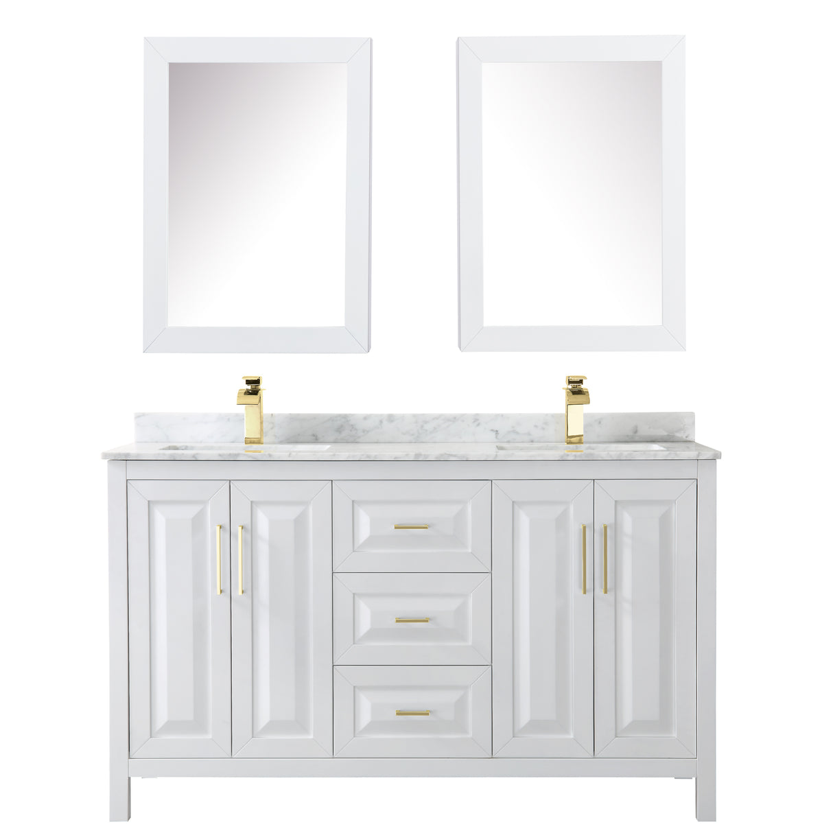 Daria 60 Inch Double Bathroom Vanity in White White Carrara Marble Countertop Undermount Square Sinks Medicine Cabinets Brushed Gold Trim