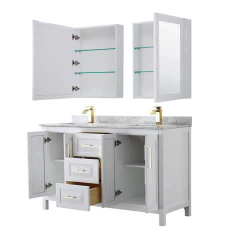 Daria 60 Inch Double Bathroom Vanity in White White Carrara Marble Countertop Undermount Square Sinks Medicine Cabinets Brushed Gold Trim