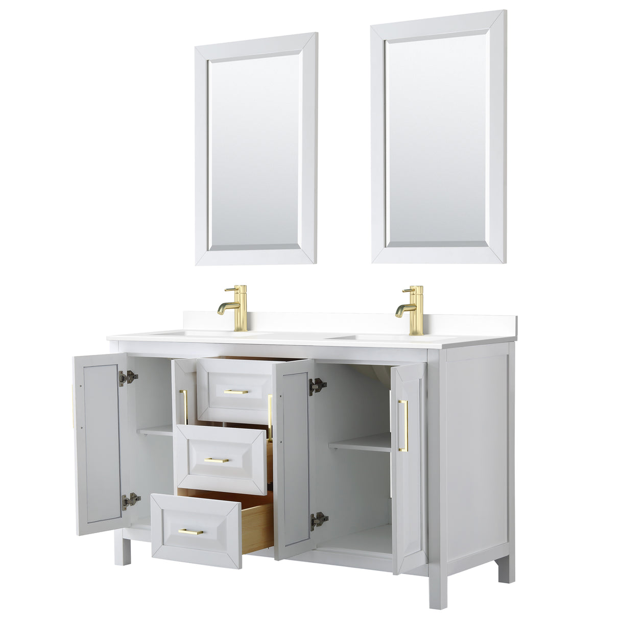 Daria 60 Inch Double Bathroom Vanity in White White Cultured Marble Countertop Undermount Square Sinks 24 Inch Mirrors Brushed Gold Trim