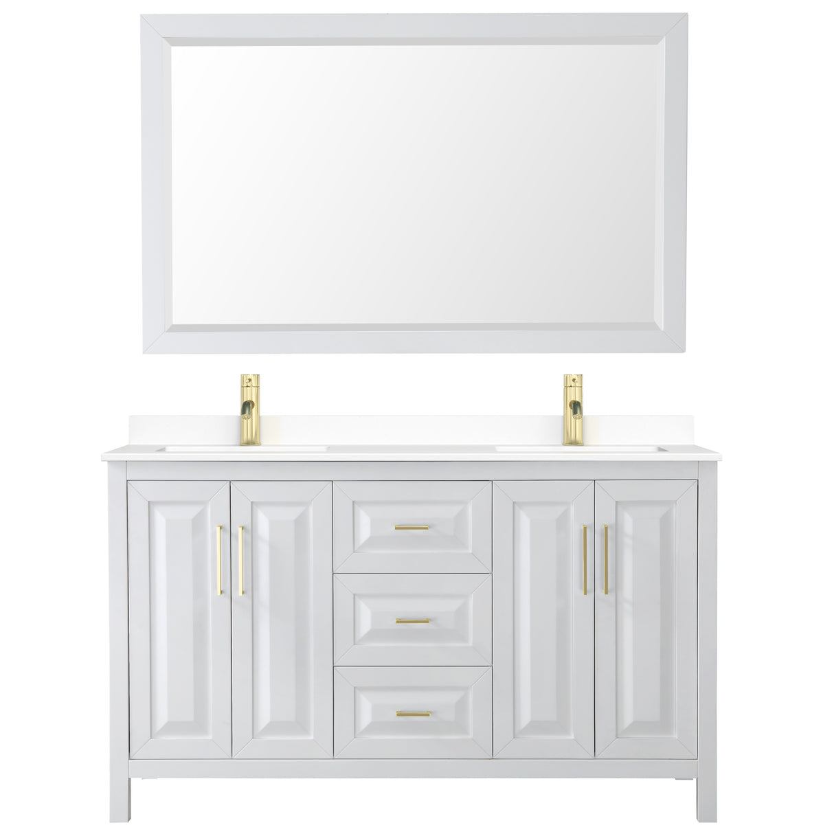 Daria 60 Inch Double Bathroom Vanity in White White Cultured Marble Countertop Undermount Square Sinks 58 Inch Mirror Brushed Gold Trim