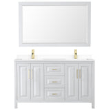 Daria 60 Inch Double Bathroom Vanity in White White Cultured Marble Countertop Undermount Square Sinks 58 Inch Mirror Brushed Gold Trim