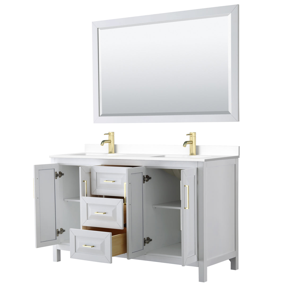 Daria 60 Inch Double Bathroom Vanity in White White Cultured Marble Countertop Undermount Square Sinks 58 Inch Mirror Brushed Gold Trim
