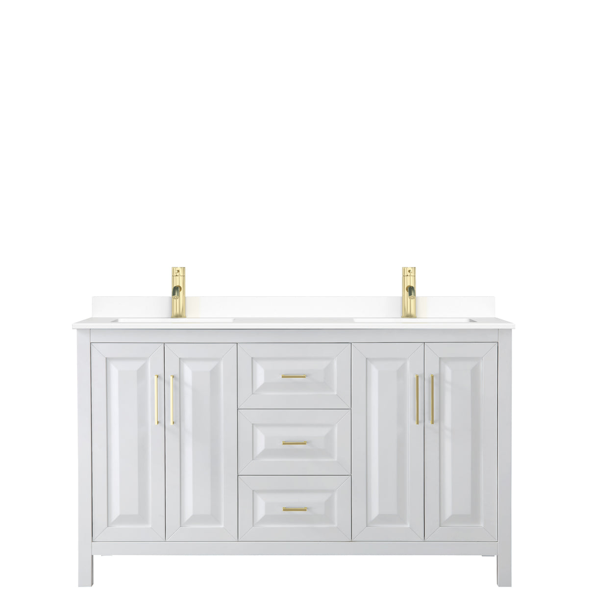 Daria 60 Inch Double Bathroom Vanity in White White Cultured Marble Countertop Undermount Square Sinks Brushed Gold Trim