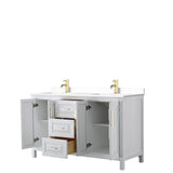 Daria 60 Inch Double Bathroom Vanity in White White Cultured Marble Countertop Undermount Square Sinks Brushed Gold Trim