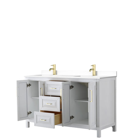 Daria 60 Inch Double Bathroom Vanity in White White Cultured Marble Countertop Undermount Square Sinks Brushed Gold Trim