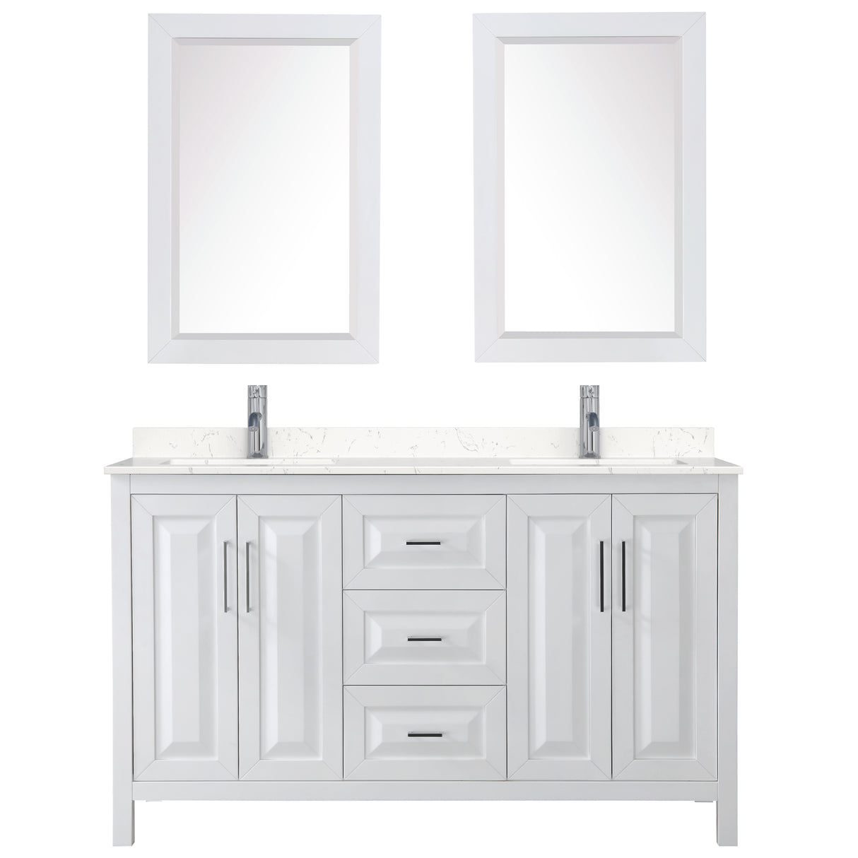 Daria 60 Inch Double Bathroom Vanity in White Carrara Cultured Marble Countertop Undermount Square Sinks 24 Inch Mirrors