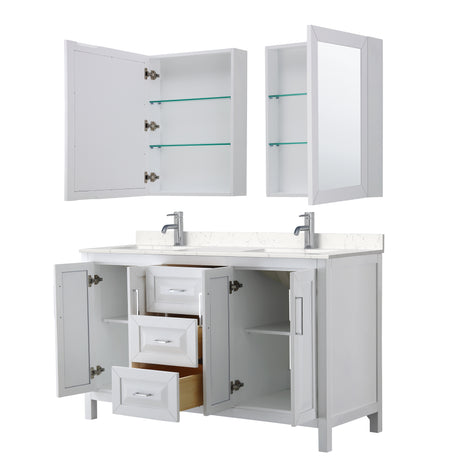 Daria 60 Inch Double Bathroom Vanity in White Carrara Cultured Marble Countertop Undermount Square Sinks Medicine Cabinets