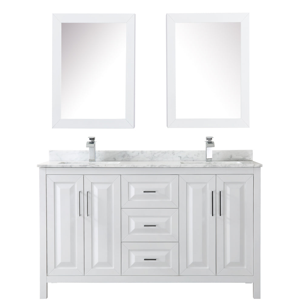 Daria 60 Inch Double Bathroom Vanity in White White Carrara Marble Countertop Undermount Square Sinks and Medicine Cabinets