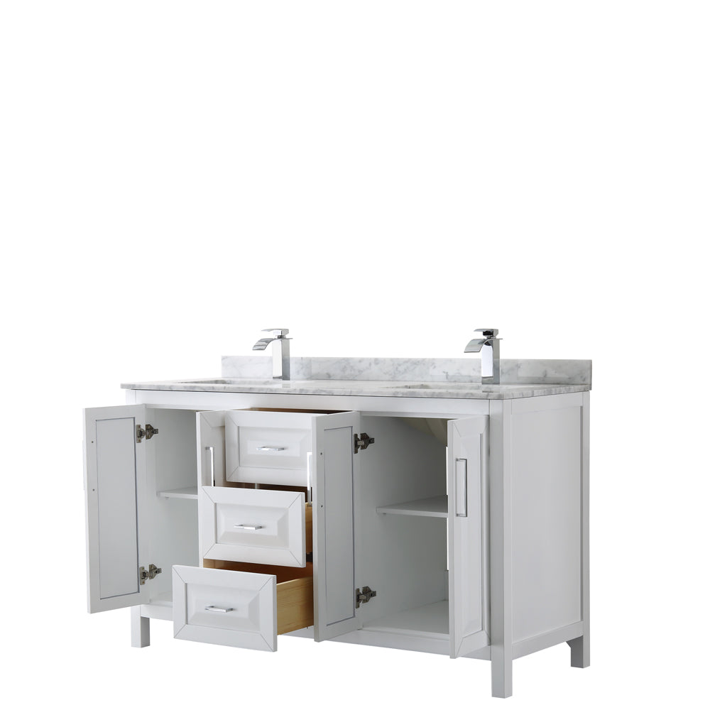 Daria 60 Inch Double Bathroom Vanity in White White Carrara Marble Countertop Undermount Square Sinks and No Mirror