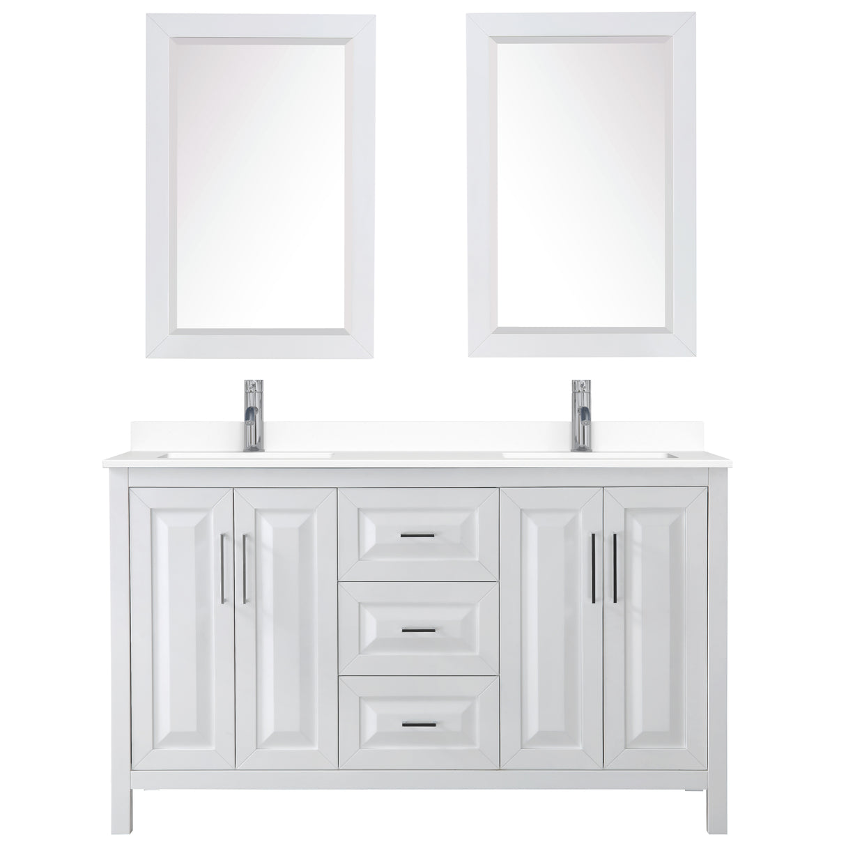 Daria 60 Inch Double Bathroom Vanity in White White Cultured Marble Countertop Undermount Square Sinks 24 Inch Mirrors