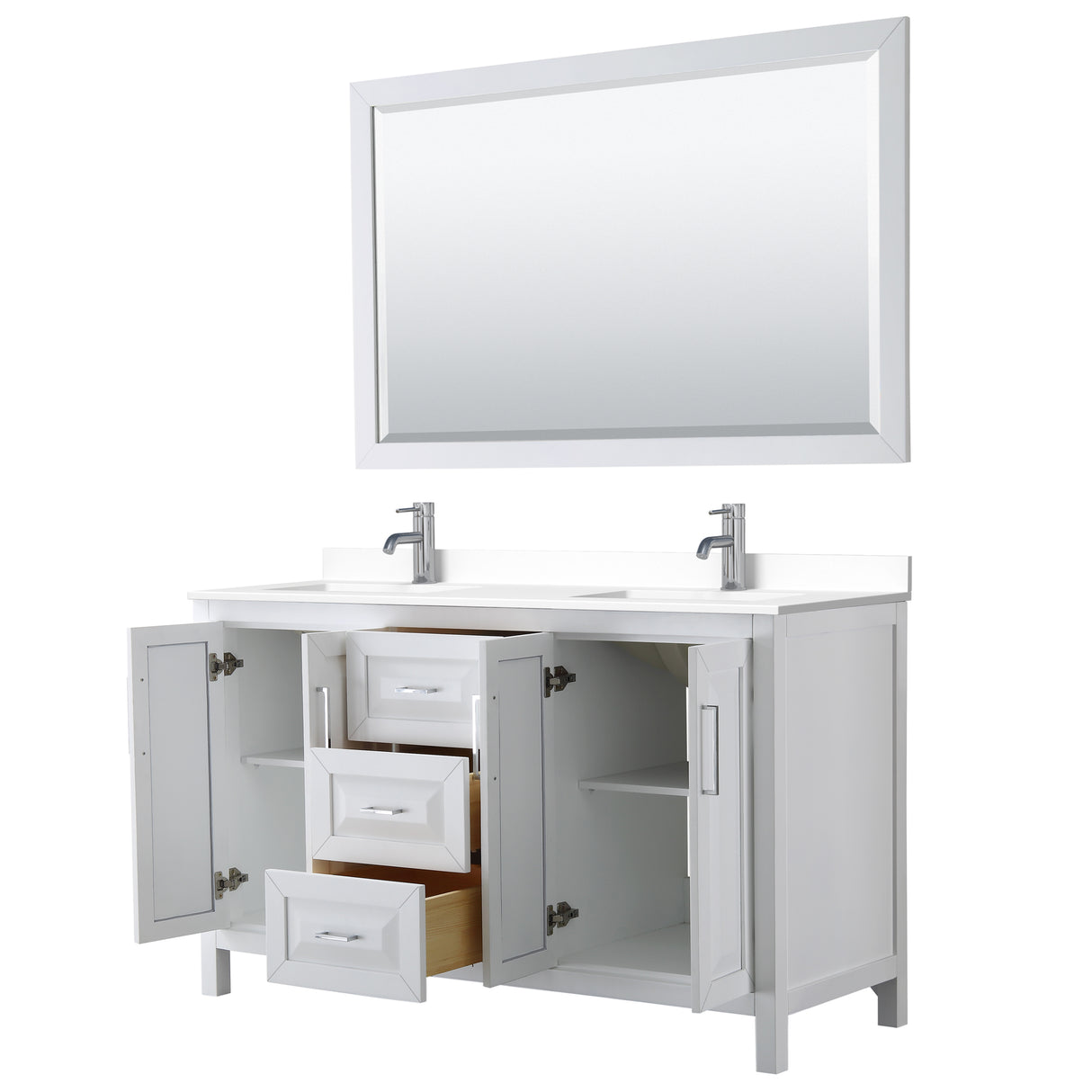 Daria 60 Inch Double Bathroom Vanity in White White Cultured Marble Countertop Undermount Square Sinks 58 Inch Mirror