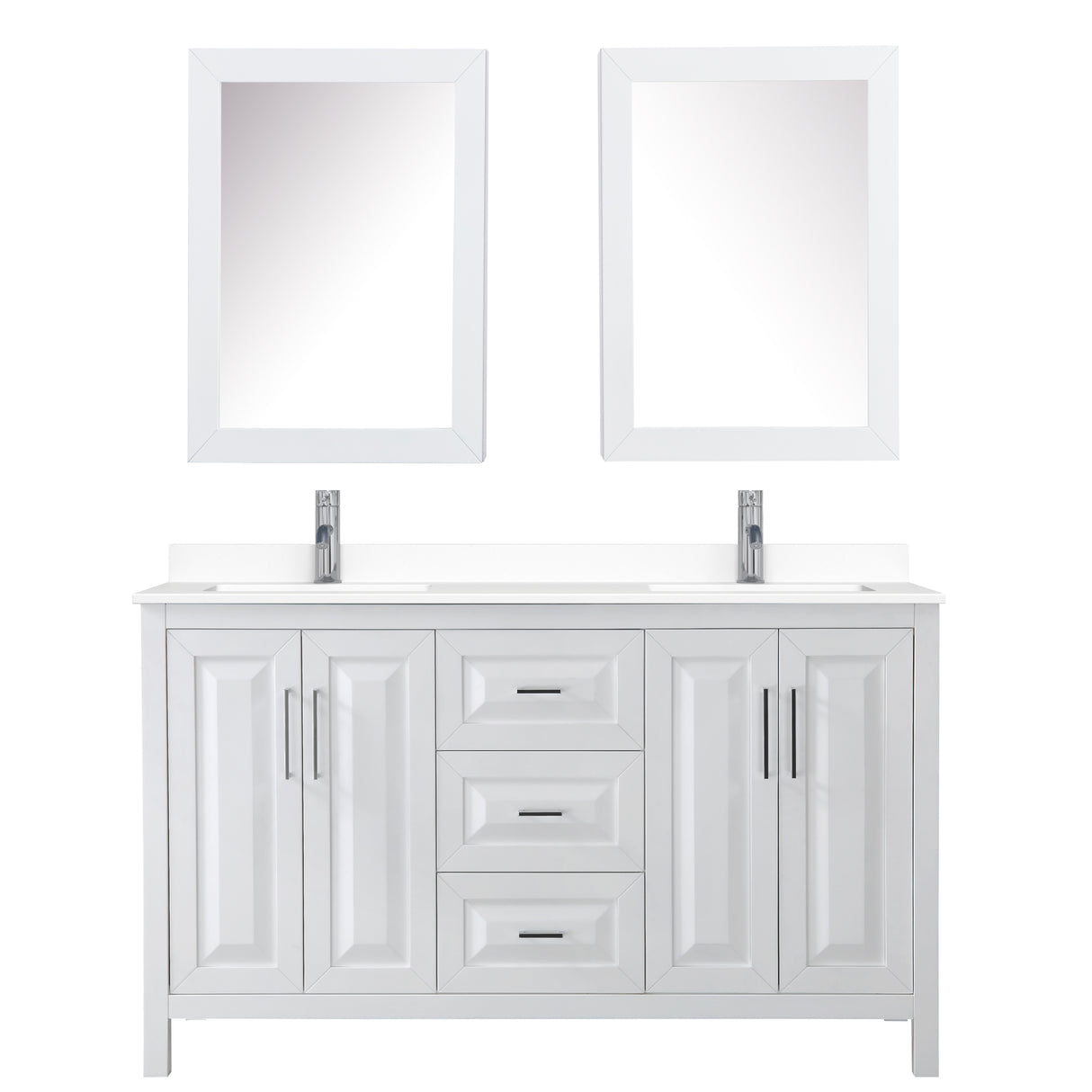 Daria 60 Inch Double Bathroom Vanity in White White Cultured Marble Countertop Undermount Square Sinks Medicine Cabinets