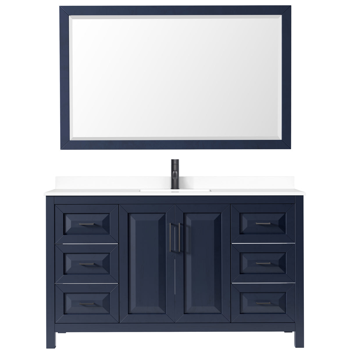 Daria 60 Inch Single Bathroom Vanity in Dark Blue White Cultured Marble Countertop Undermount Square Sink Matte Black Trim 58 Inch Mirror
