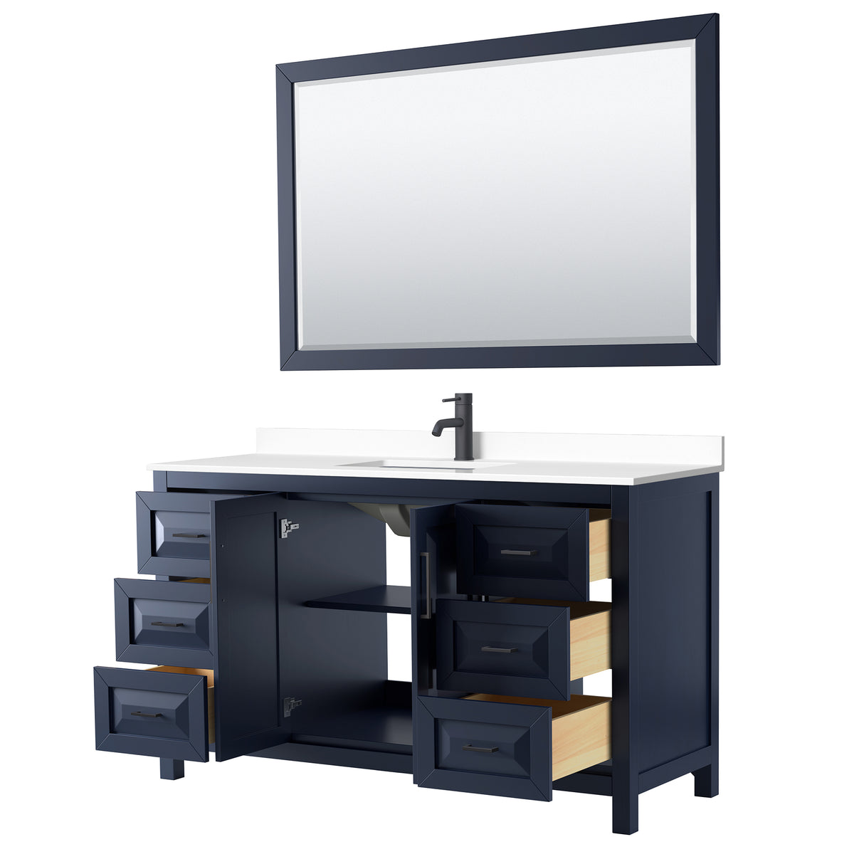 Daria 60 Inch Single Bathroom Vanity in Dark Blue White Cultured Marble Countertop Undermount Square Sink Matte Black Trim 58 Inch Mirror