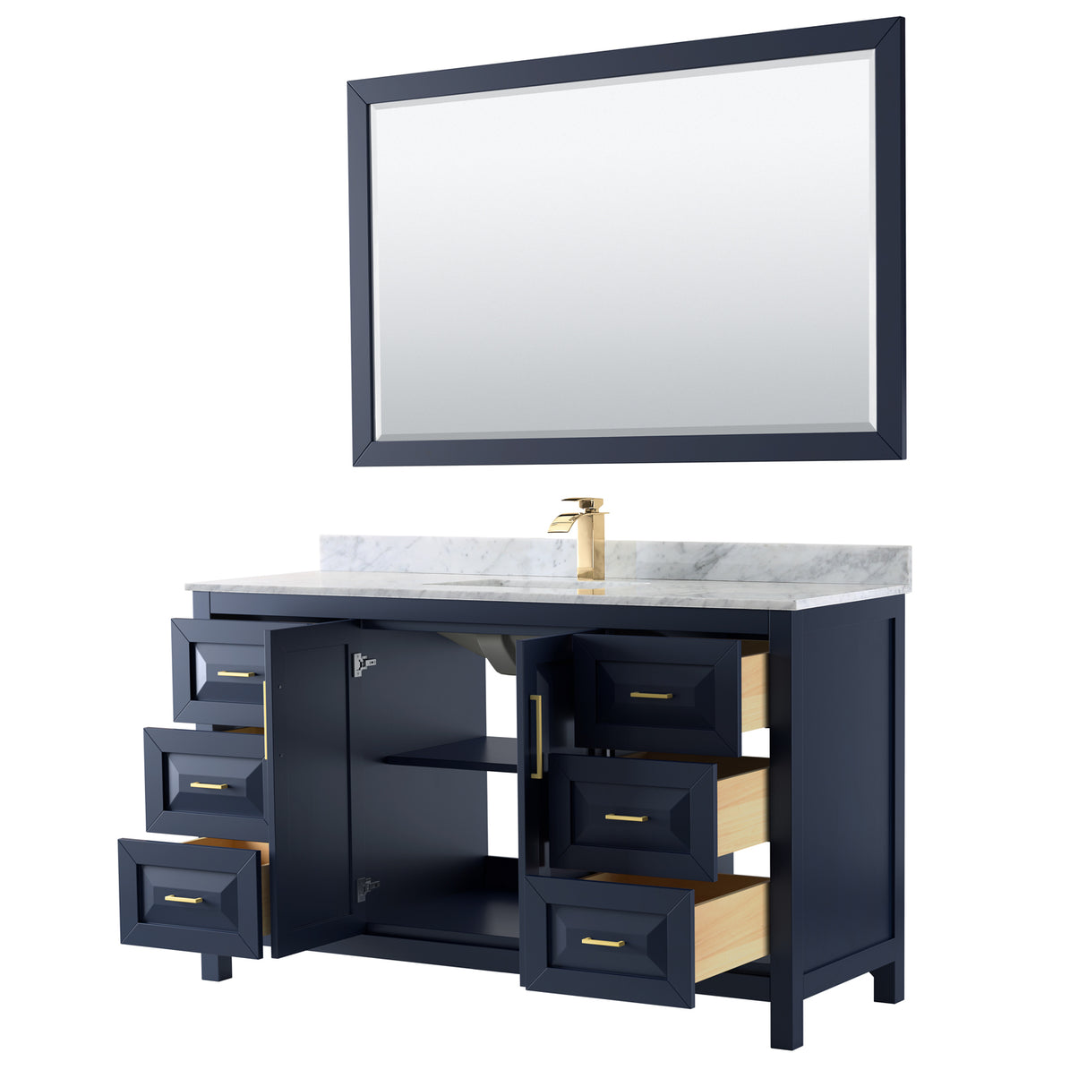 Daria 60 Inch Single Bathroom Vanity in Dark Blue White Carrara Marble Countertop Undermount Square Sink 58 Inch Mirror
