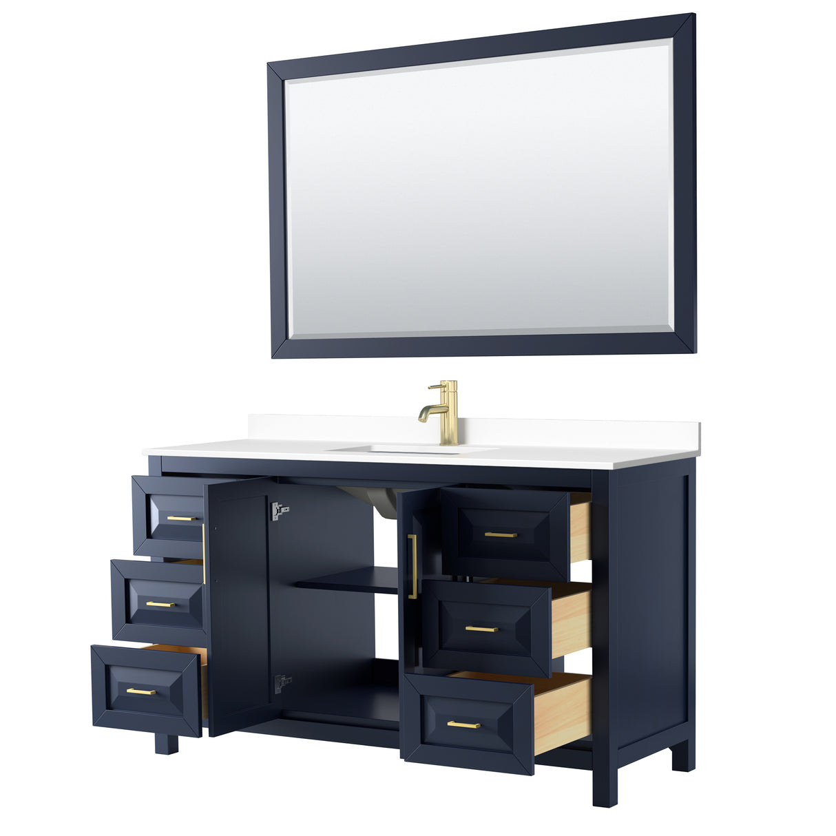 Daria 60 Inch Single Bathroom Vanity in Dark Blue White Cultured Marble Countertop Undermount Square Sink 58 Inch Mirror