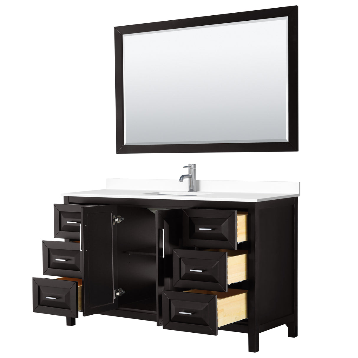 Daria 60 Inch Single Bathroom Vanity in Dark Espresso White Cultured Marble Countertop Undermount Square Sink 58 Inch Mirror