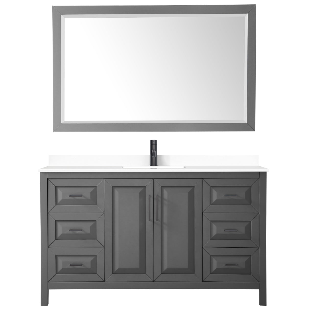 Daria 60 Inch Single Bathroom Vanity in Dark Gray White Cultured Marble Countertop Undermount Square Sink Matte Black Trim 58 Inch Mirror