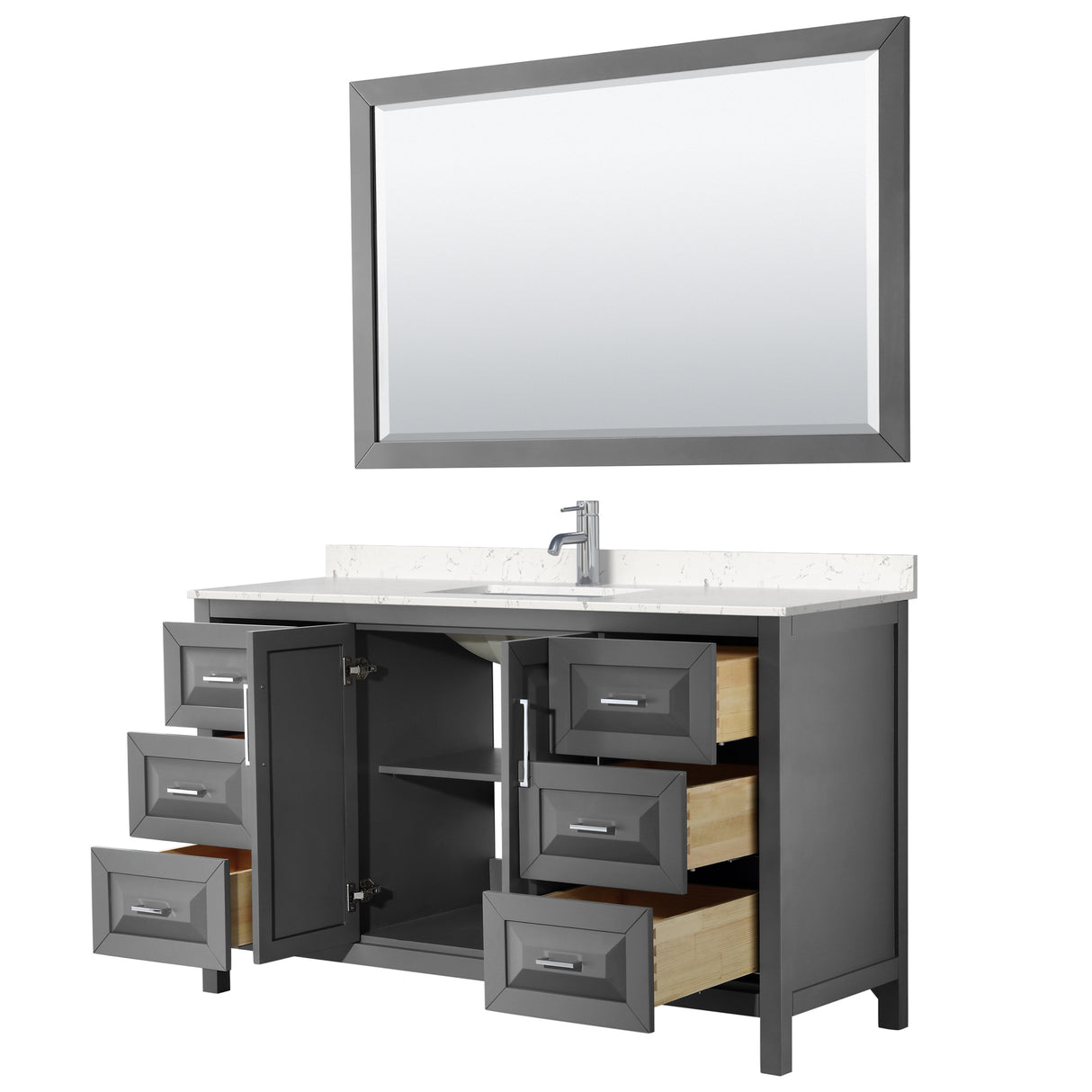 Daria 60 Inch Single Bathroom Vanity in Dark Gray Carrara Cultured Marble Countertop Undermount Square Sink 58 Inch Mirror