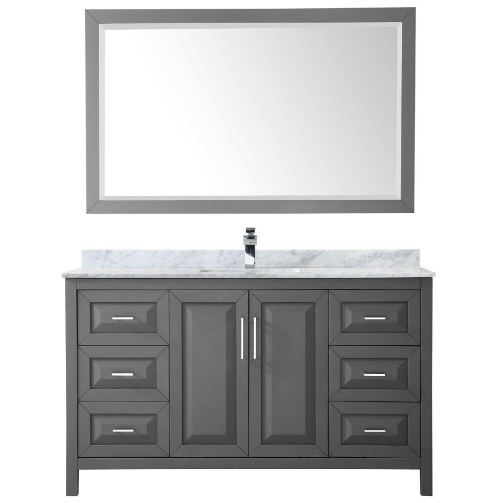 Daria 60 Inch Single Bathroom Vanity in Dark Gray White Carrara Marble Countertop Undermount Square Sink and 58 Inch Mirror