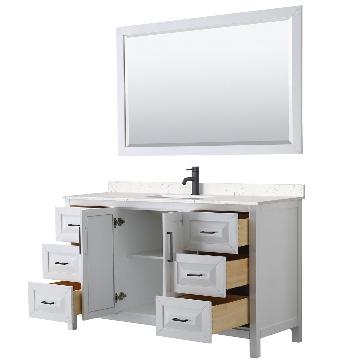 Daria 60 Inch Single Bathroom Vanity in White Carrara Cultured Marble Countertop Undermount Square Sink Matte Black Trim 58 Inch Mirror