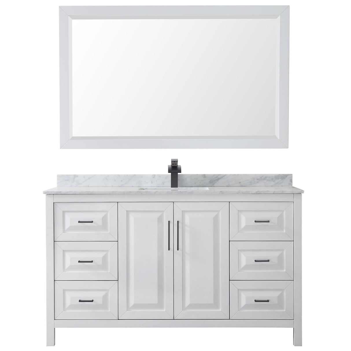 Daria 60 Inch Single Bathroom Vanity in White White Carrara Marble Countertop Undermount Square Sink Matte Black Trim 58 Inch Mirror