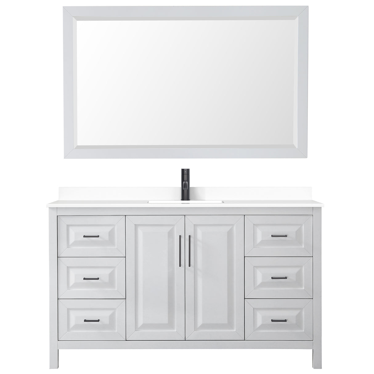Daria 60 Inch Single Bathroom Vanity in White White Cultured Marble Countertop Undermount Square Sink Matte Black Trim 58 Inch Mirror