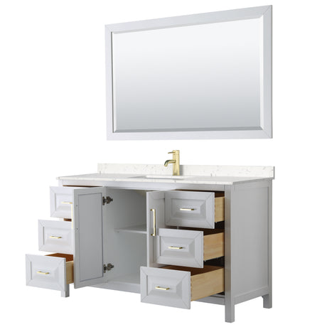 Daria 60 Inch Single Bathroom Vanity in White Carrara Cultured Marble Countertop Undermount Square Sink 58 Inch Mirror Brushed Gold Trim