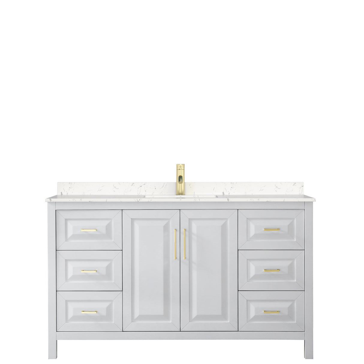 Daria 60 Inch Single Bathroom Vanity in White Carrara Cultured Marble Countertop Undermount Square Sink Brushed Gold Trim