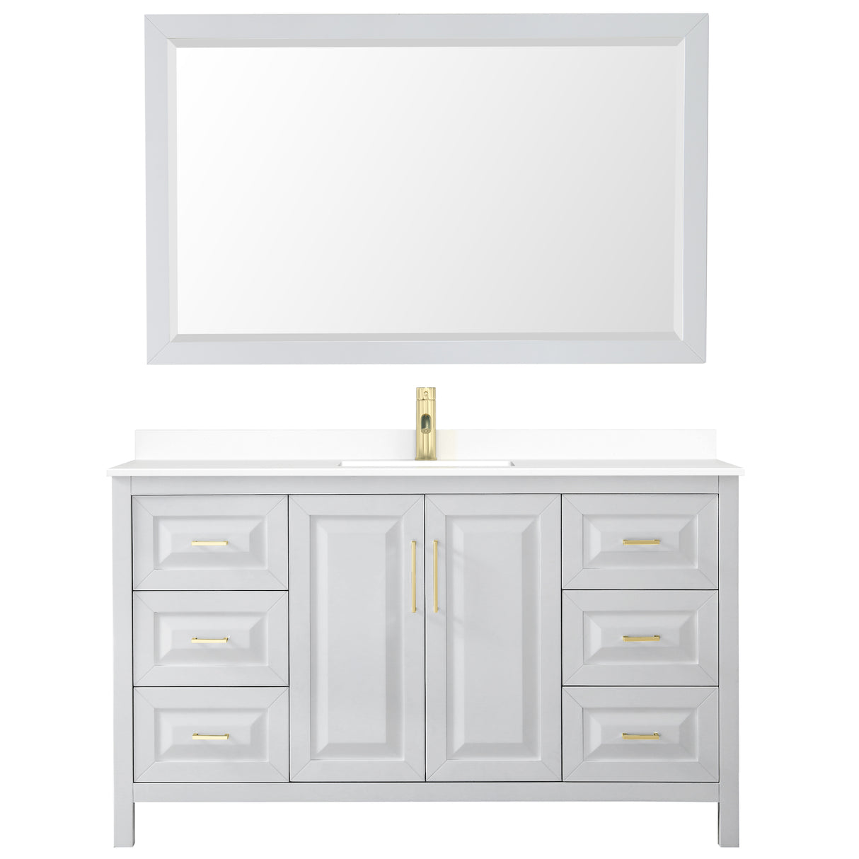 Daria 60 Inch Single Bathroom Vanity in White White Cultured Marble Countertop Undermount Square Sink 58 Inch Mirror Brushed Gold Trim