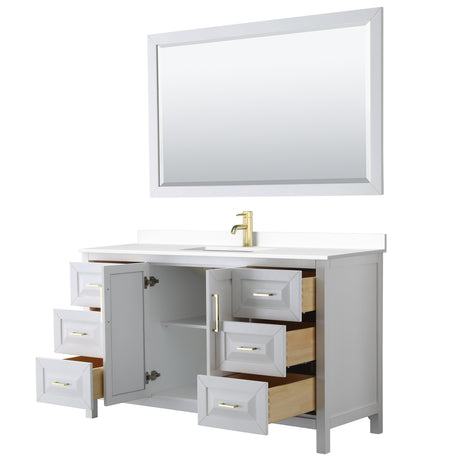 Daria 60 Inch Single Bathroom Vanity in White White Cultured Marble Countertop Undermount Square Sink 58 Inch Mirror Brushed Gold Trim