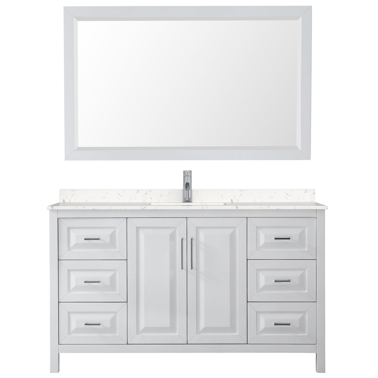 Daria 60 Inch Single Bathroom Vanity in White Carrara Cultured Marble Countertop Undermount Square Sink 58 Inch Mirror