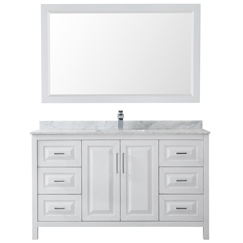 Daria 60 Inch Single Bathroom Vanity in White White Carrara Marble Countertop Undermount Square Sink and 58 Inch Mirror