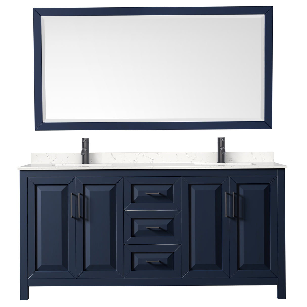 Daria 72 Inch Double Bathroom Vanity in Dark Blue Carrara Cultured Marble Countertop Undermount Square Sinks Matte Black Trim 70 Inch Mirror
