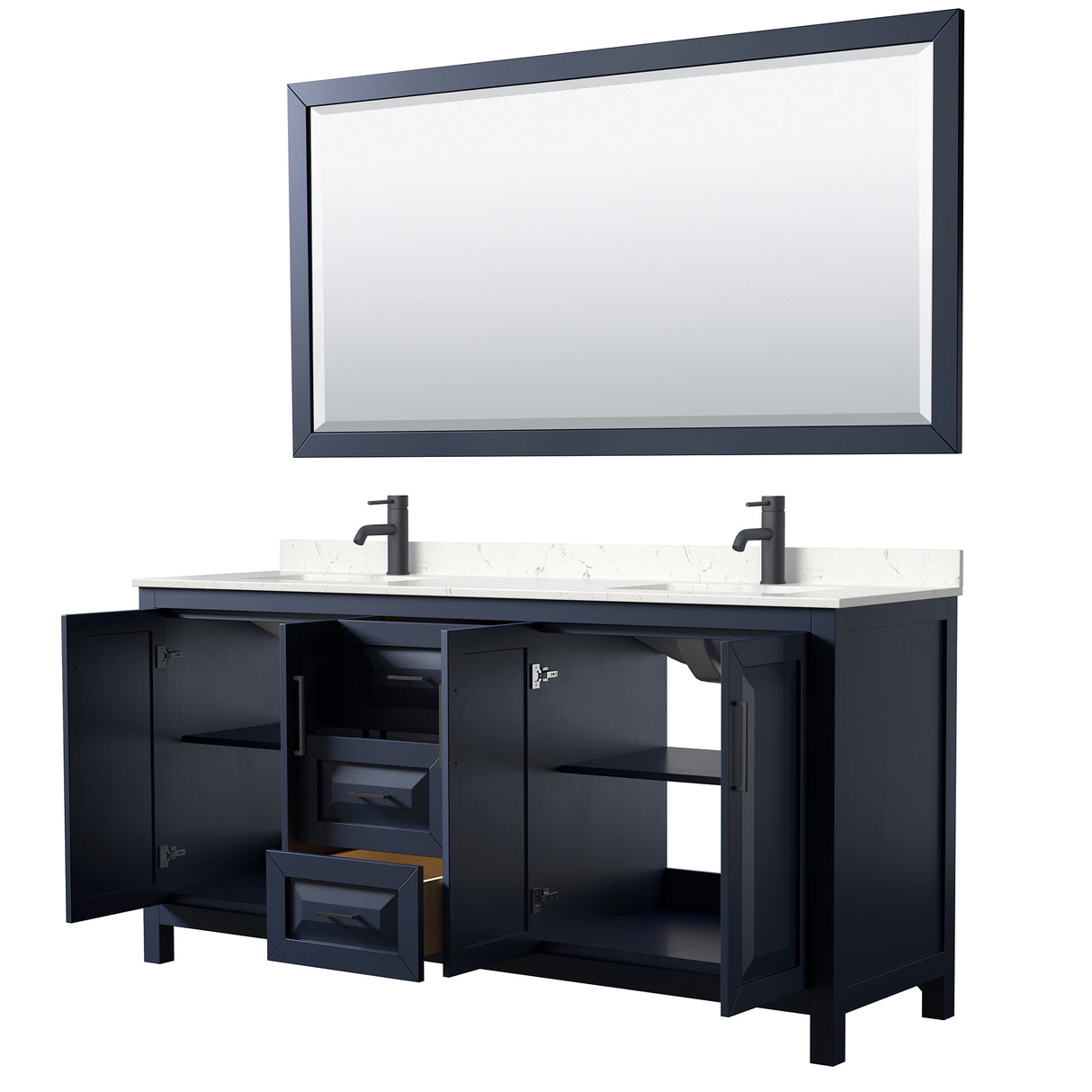 Daria 72 Inch Double Bathroom Vanity in Dark Blue Carrara Cultured Marble Countertop Undermount Square Sinks Matte Black Trim 70 Inch Mirror