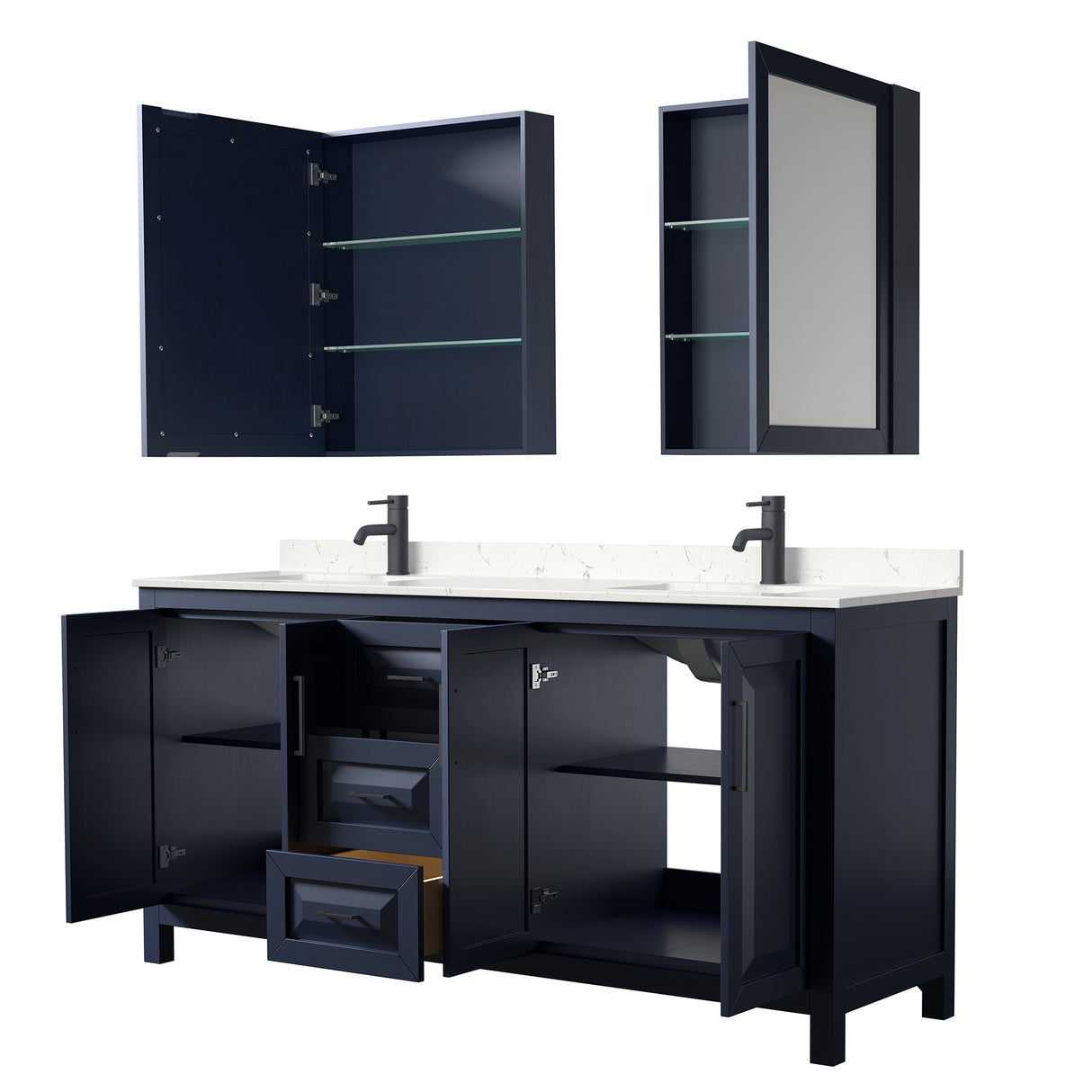 Daria 72 Inch Double Bathroom Vanity in Dark Blue Carrara Cultured Marble Countertop Undermount Square Sinks Matte Black Trim Medicine Cabinets