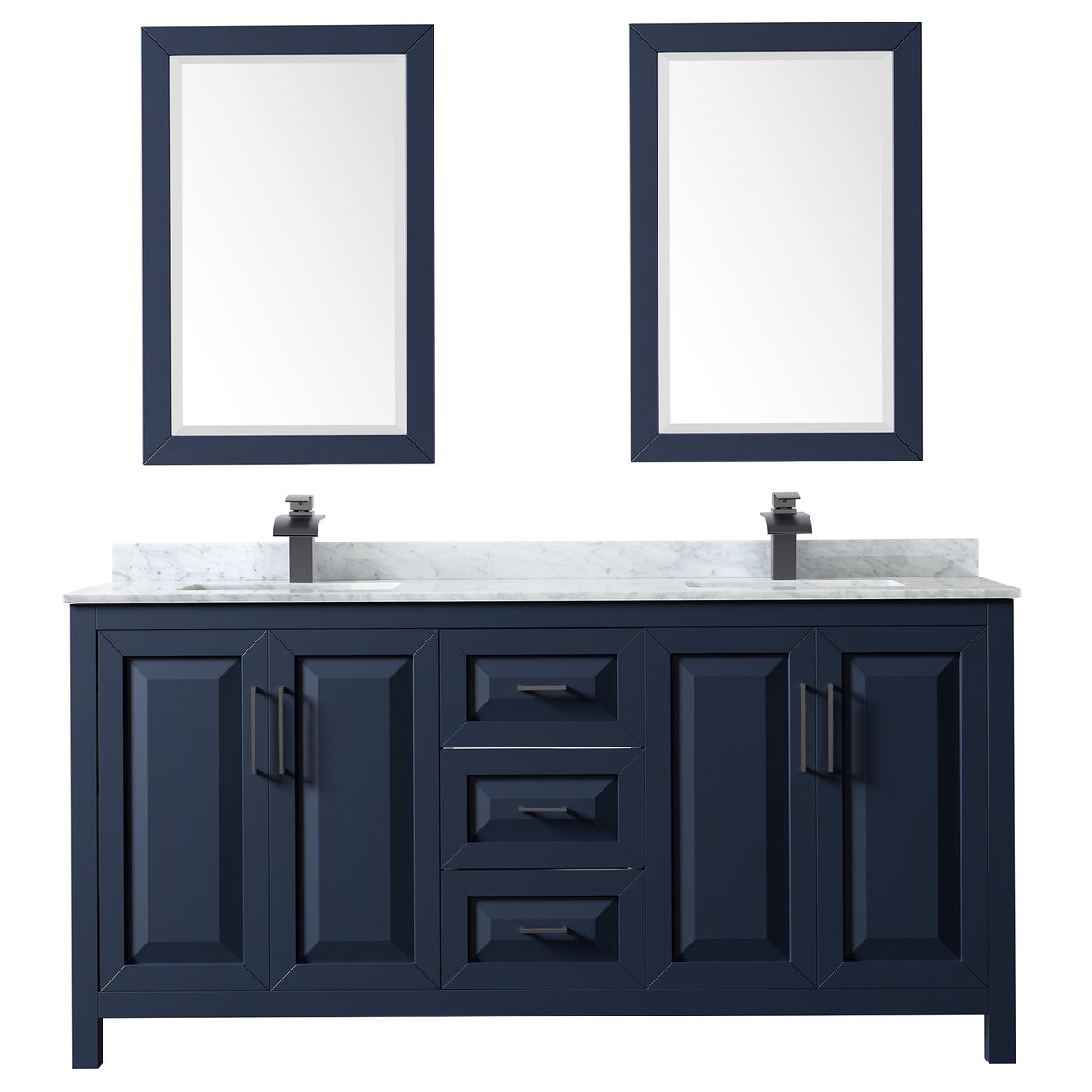 Daria 72 Inch Double Bathroom Vanity in Dark Blue White Carrara Marble Countertop Undermount Square Sinks Matte Black Trim 24 Inch Mirrors