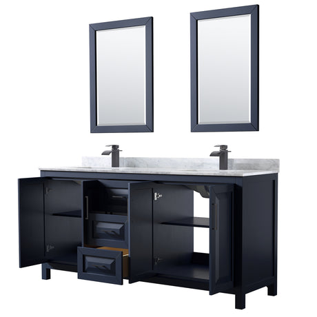Daria 72 Inch Double Bathroom Vanity in Dark Blue White Carrara Marble Countertop Undermount Square Sinks Matte Black Trim 24 Inch Mirrors