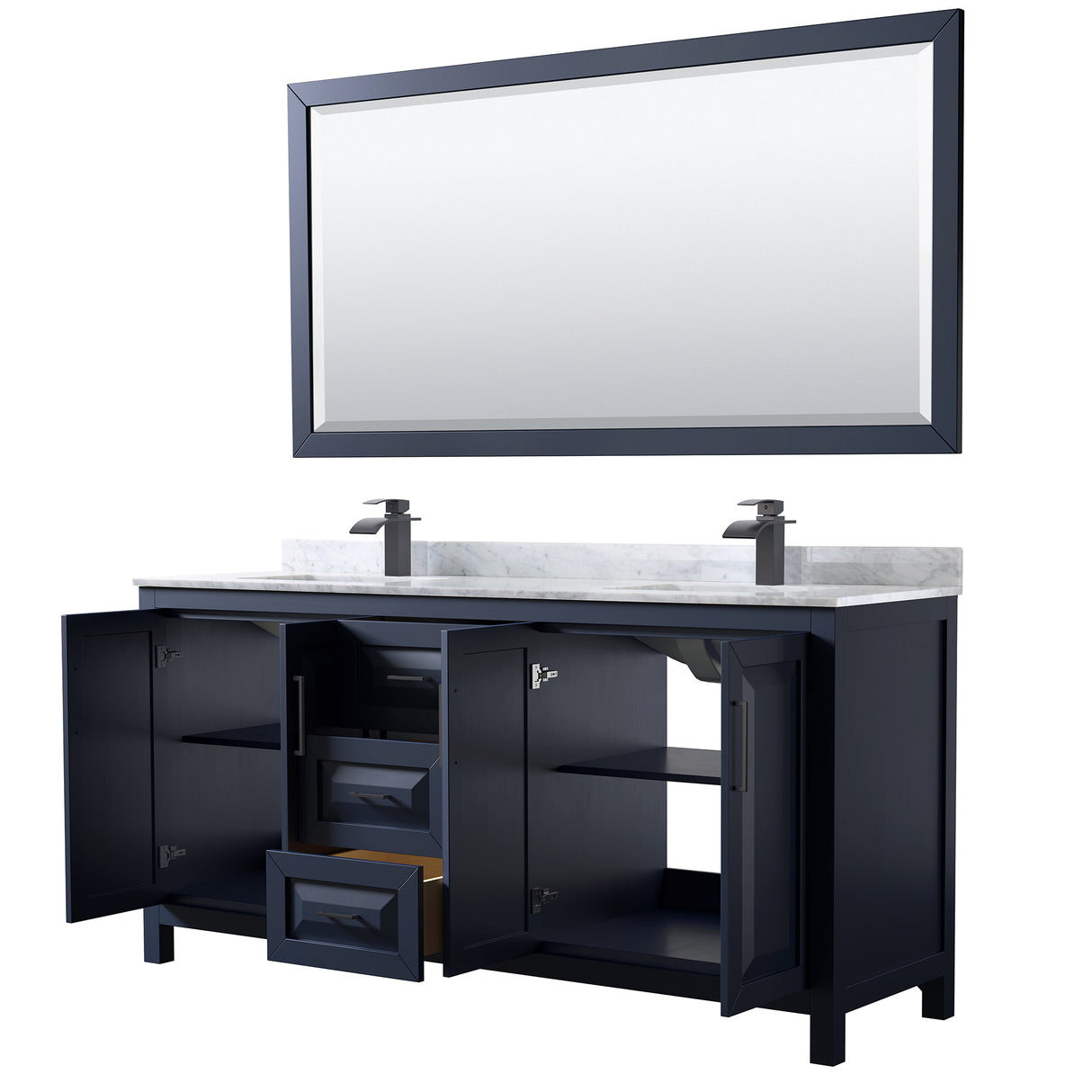 Daria 72 Inch Double Bathroom Vanity in Dark Blue White Carrara Marble Countertop Undermount Square Sinks Matte Black Trim 70 Inch Mirror