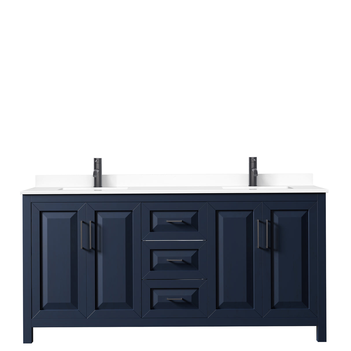 Daria 72 Inch Double Bathroom Vanity in Dark Blue White Cultured Marble Countertop Undermount Square Sinks Matte Black Trim