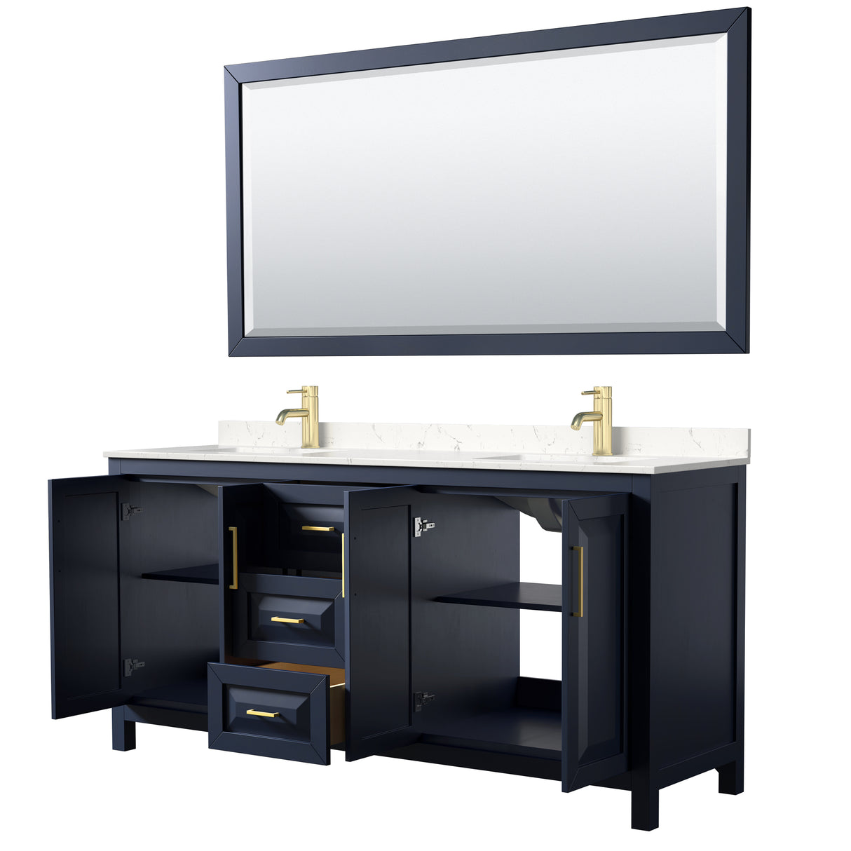 Daria 72 Inch Double Bathroom Vanity in Dark Blue Carrara Cultured Marble Countertop Undermount Square Sinks 70 Inch Mirror