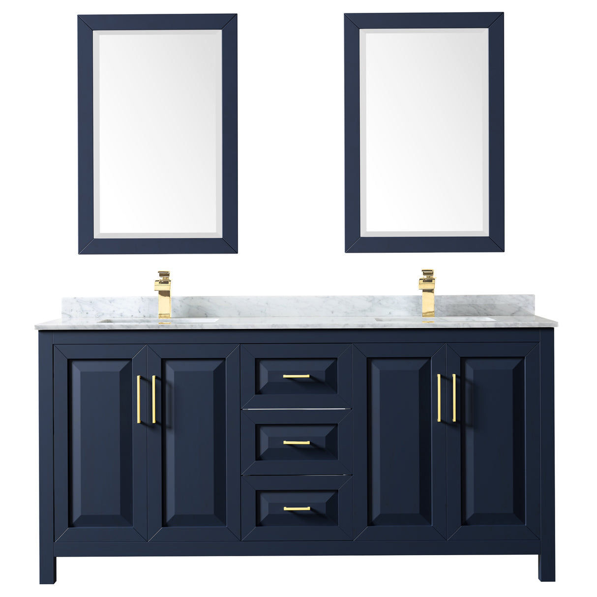 Daria 72 Inch Double Bathroom Vanity in Dark Blue White Carrara Marble Countertop Undermount Square Sinks 24 Inch Mirrors