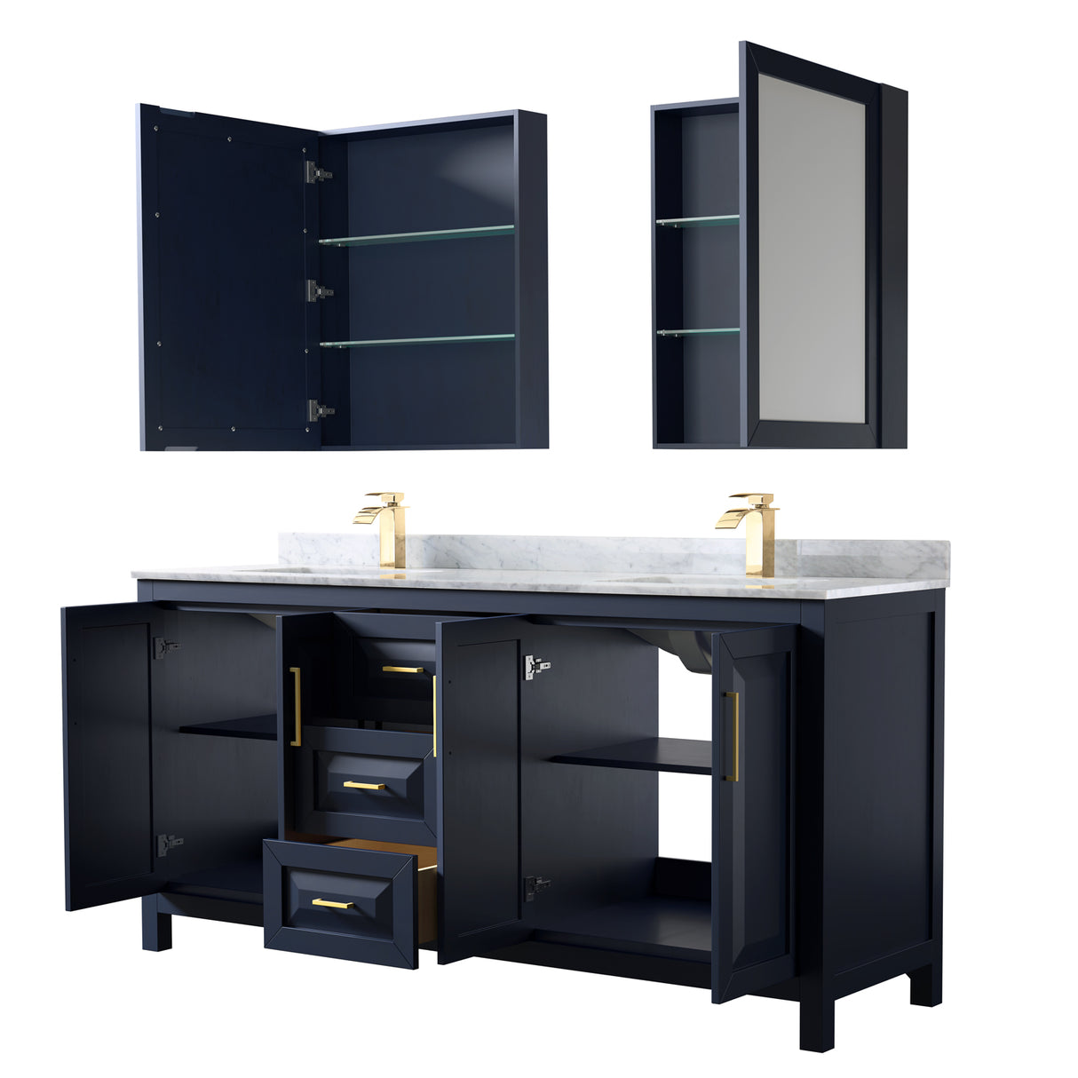 Daria 72 Inch Double Bathroom Vanity in Dark Blue White Carrara Marble Countertop Undermount Square Sinks Medicine Cabinets