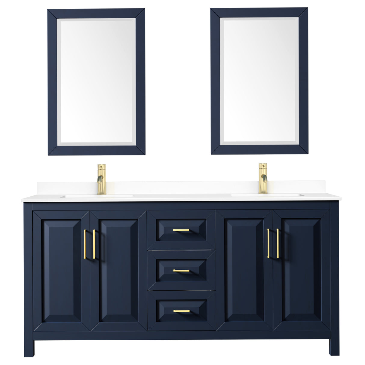 Daria 72 Inch Double Bathroom Vanity in Dark Blue White Cultured Marble Countertop Undermount Square Sinks 24 Inch Mirrors