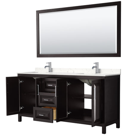 Daria 72 Inch Double Bathroom Vanity in Dark Espresso Carrara Cultured Marble Countertop Undermount Square Sinks 70 Inch Mirror