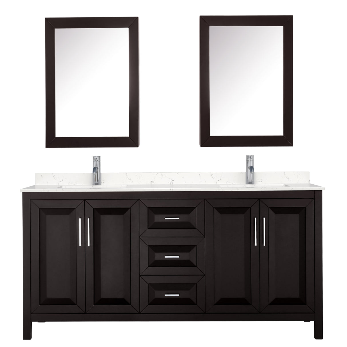 Daria 72 Inch Double Bathroom Vanity in Dark Espresso Carrara Cultured Marble Countertop Undermount Square Sinks Medicine Cabinets