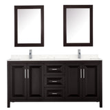 Daria 72 Inch Double Bathroom Vanity in Dark Espresso Carrara Cultured Marble Countertop Undermount Square Sinks Medicine Cabinets