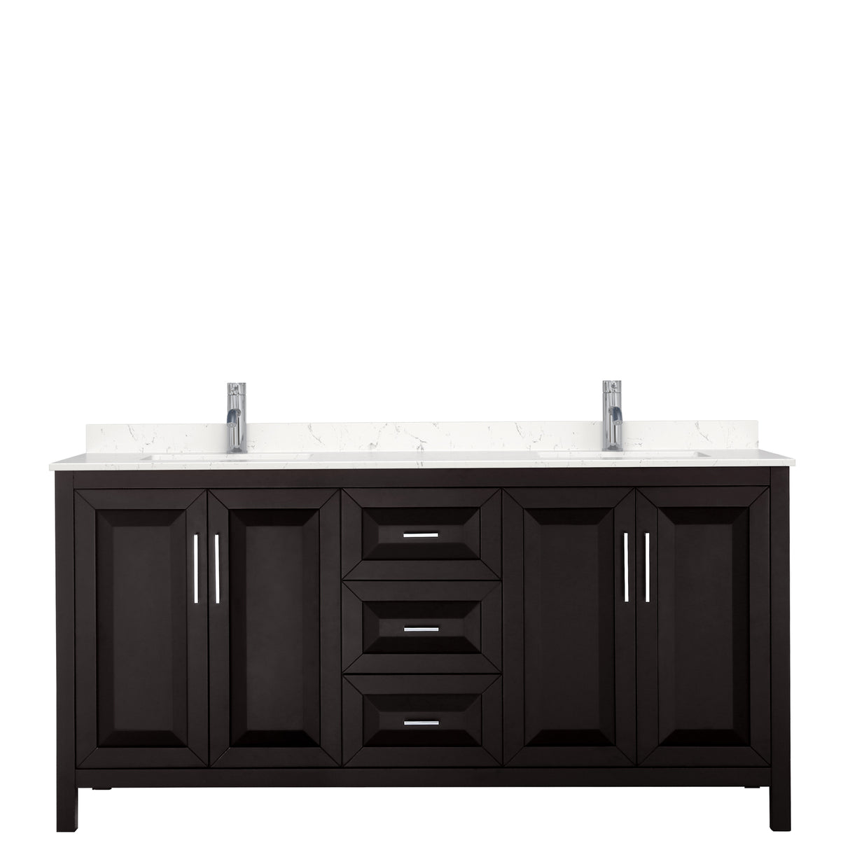 Daria 72 Inch Double Bathroom Vanity in Dark Espresso Carrara Cultured Marble Countertop Undermount Square Sinks No Mirror